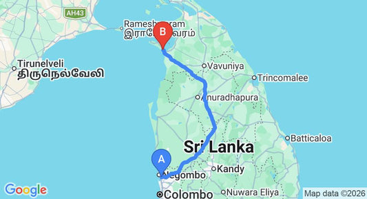 Driving route map: Colombo Airport (CMB) to Mannar (295 km, approx 5 h 49 min private transfer)