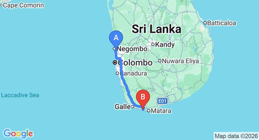 Driving route map: Colombo Airport (CMB) to Brizo, Weligama (172 km, approx 2 h 24 min private transfer)