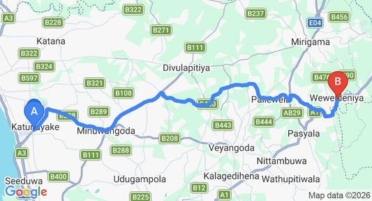 Driving route map: Colombo Airport (CMB) to Elephant Villa, Ambepussa (39 km, approx 1 h 9 min private transfer)