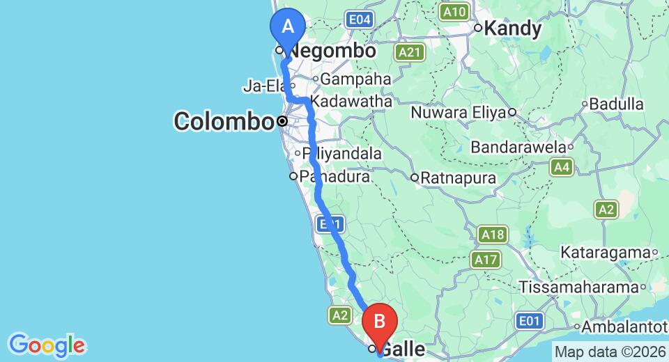Driving route map: Colombo Airport (CMB) to Kahuna Hotel, Unawatuna (152 km, approx 2 h 8 min private transfer)