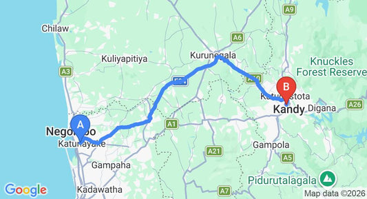 Driving route map: Colombo Airport (CMB) to Cinnamon Citadel, Kandy (112 km, approx 2 h 44 min private transfer)