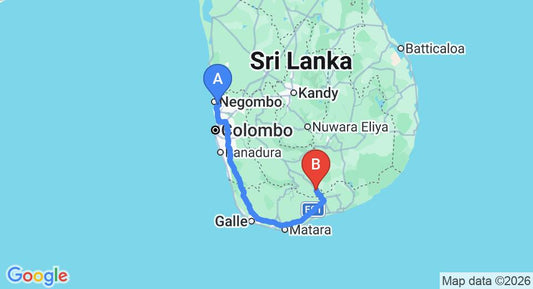 Driving route map: Colombo Airport (CMB) to Hotel Sobana, Embilipitiya (244 km, approx 3 h 15 min private transfer)