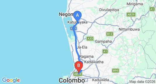 Driving route map: Colombo Airport (CMB) to Peliyagoda (28 km, approx 32 min private transfer)