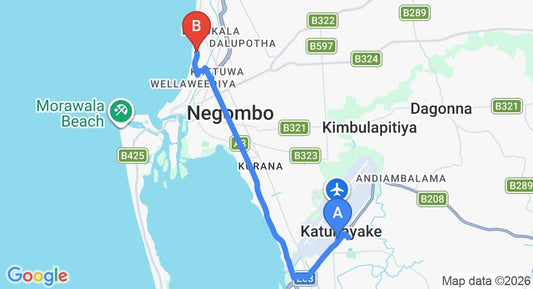 Driving route map: Colombo Airport (CMB) to Marine Tourist  Guest House, Negombo (12 km, approx 29 min private transfer)