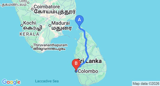 Driving route map: Jaffna (JAF) Airport to Colombo (414 km, approx 8 h 6 min private transfer)
