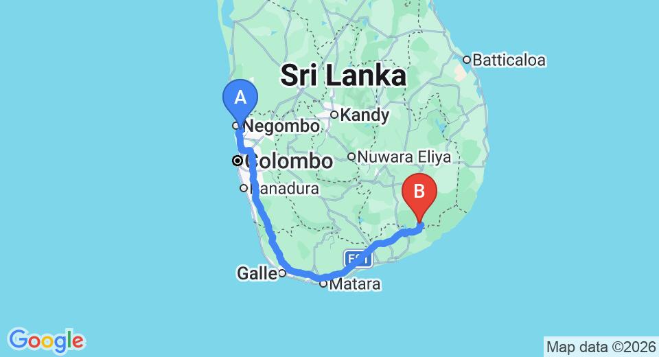 Driving route map: Colombo Airport (CMB) to Sella Holiday Resort, Kataragama (285 km, approx 3 h 44 min private transfer)