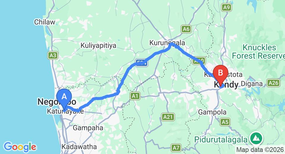 Driving route map: Colombo Airport (CMB) to Kandy Hill Bungalow, Kandy (113 km, approx 2 h 50 min private transfer)