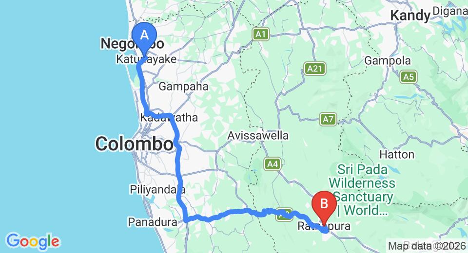 Driving route map: Colombo Airport (CMB) to Centauria Hill Resort, Ratnapura (122 km, approx 2 h 37 min private transfer)