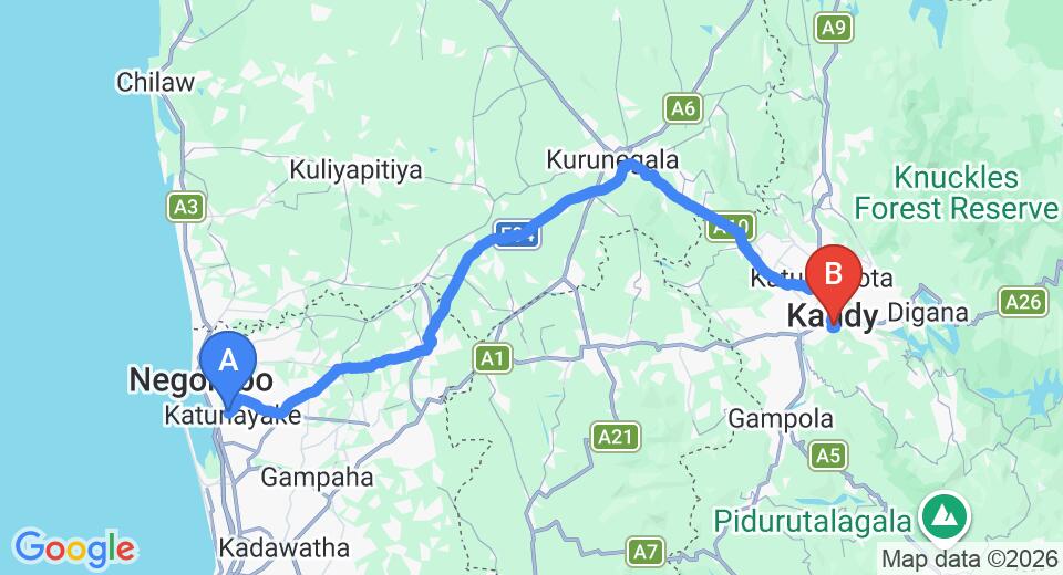 Driving route map: Colombo Airport (CMB) to The Theva Residency, Kandy (118 km, approx 3 h 2 min private transfer)