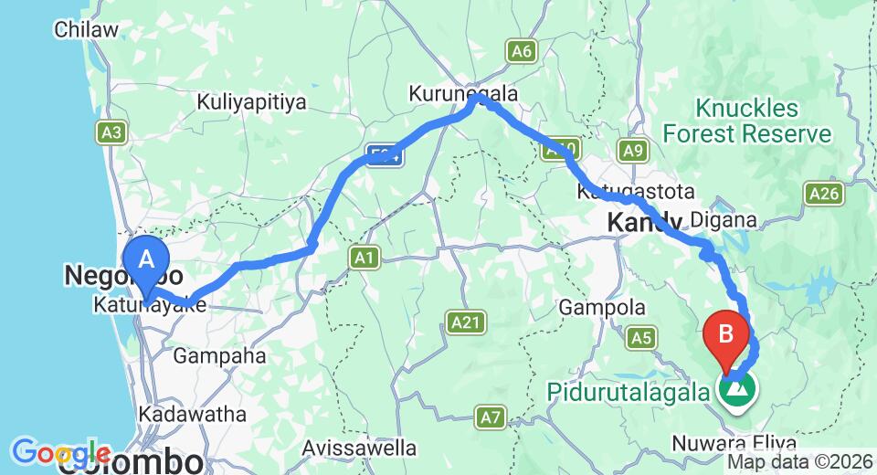 Driving route map: Colombo Airport (CMB) to Tea and Experience Factory, Mandaramnuwara (169 km, approx 4 h 46 min private transfer)