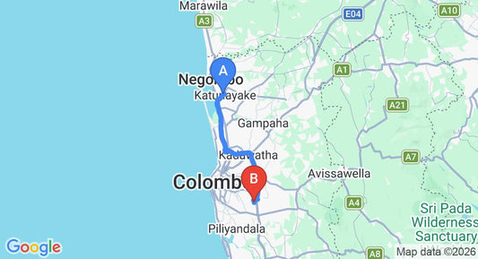 Driving route map: Colombo Airport (CMB) to Hokandara (46 km, approx 48 min private transfer)