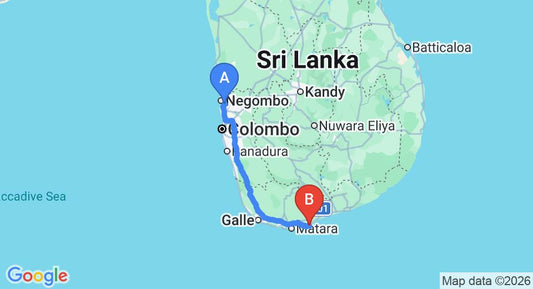 Driving route map: Colombo Airport (CMB) to Claughton House, Dikwella (203 km, approx 2 h 58 min private transfer)