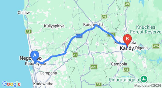 Driving route map: Colombo Airport (CMB) to Camarin Residence, Kandy (113 km, approx 2 h 46 min private transfer)