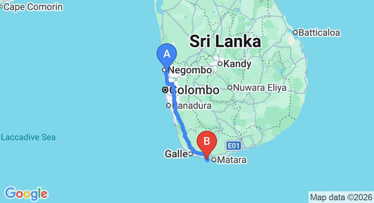 Driving route map: Colombo Airport (CMB) to Malima Weligambay Villa, Mirissa (178 km, approx 2 h 37 min private transfer)