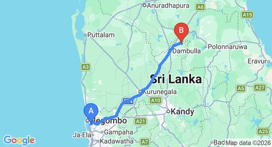 Driving route map: Colombo Airport (CMB) to Sigiriya (146 km, approx 3 h 13 min private transfer)