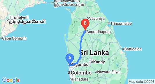 Driving route map: Colombo Airport (CMB) to Rathnamali Pilgrims Rest, Anuradhapura (175 km, approx 3 h 46 min private transfer)