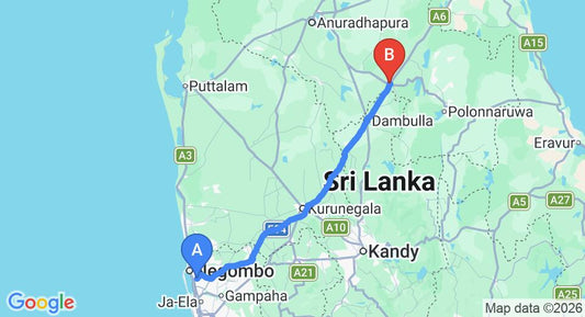Driving route map: Colombo Airport (CMB) to Danawwa Resort, Habarana (152 km, approx 3 h 14 min private transfer)