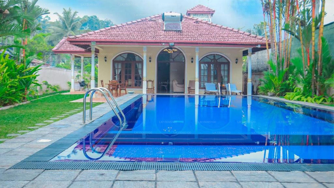 Pool area with a house and garden in the background
