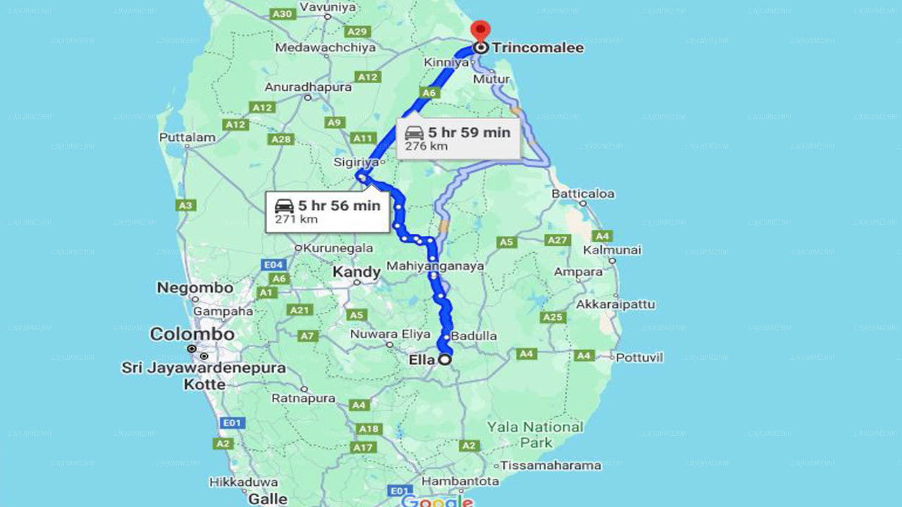 Ella City to Trincomalee City Private Transfer