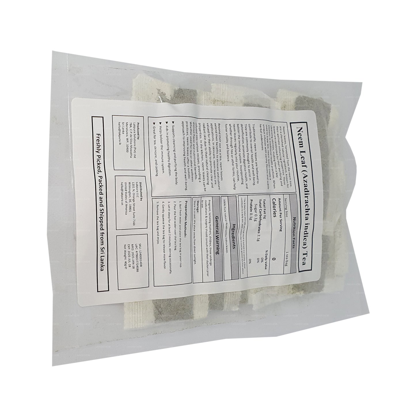 Чай из листьев нима Lakpura (40 г) 20 пакетиков