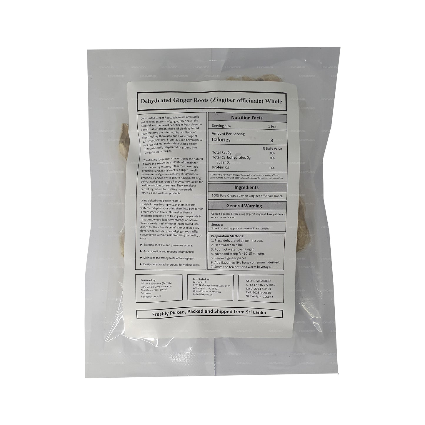 Обезвоженные корни имбиря Lakpura цельные (100 г)