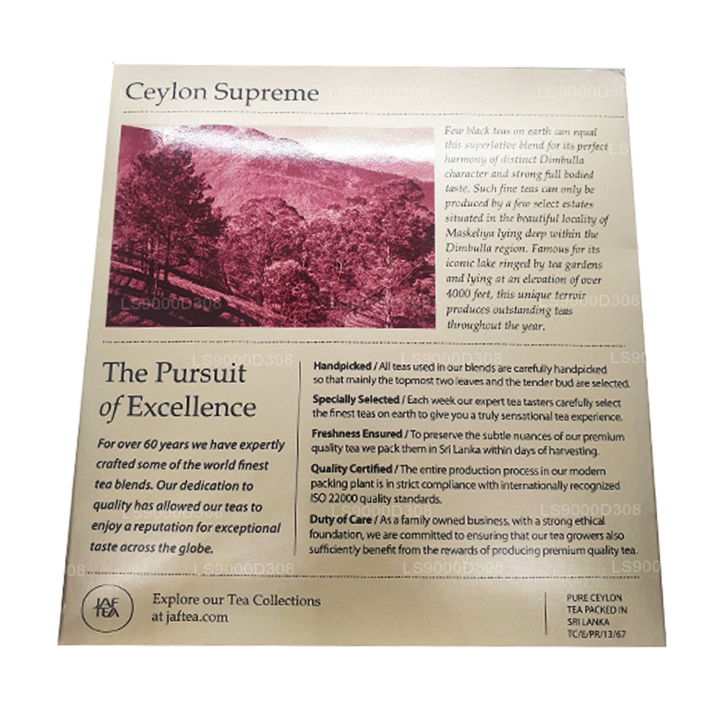 Классическая золотая коллекция Jaf Tea Ceylon Supreme 100 чайных пакетиков, шнурок и бирка (200 г)