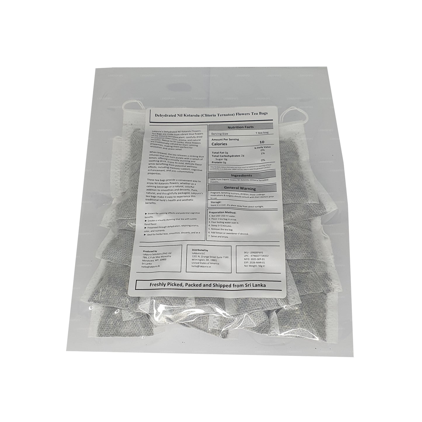 Чайные пакетики Lakpura® из сушеных цветков клитории тройчатой ​​(Nil Katarolu; Clitoria Ternatea) (25 пакетиков)