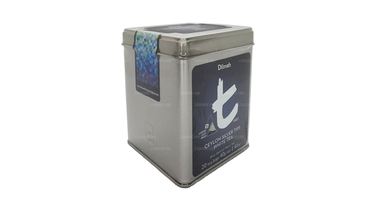 Жестяная банка для белого чая Dilmah серии T VSRT с цейлонскими серебряными наконечниками (40 г) с рассыпчатыми листьями