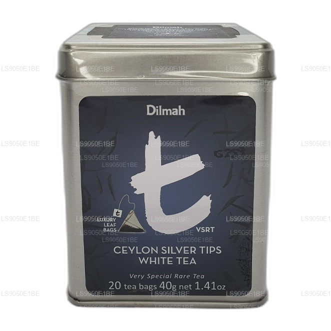 Жестяная банка для белого чая Dilmah серии T VSRT с цейлонскими серебряными наконечниками (40 г) с рассыпчатыми листьями