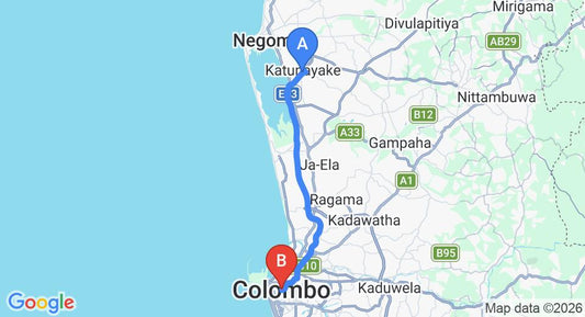 Driving route map: Colombo Airport (CMB) to Colombo 4 (32 km, approx 39 min private transfer)