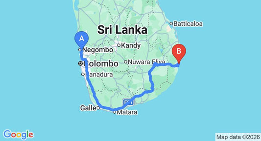 Driving route map: Colombo Airport (CMB) to Aprota Villas, Arugam Bay (421 km, approx 6 h 29 min private transfer)