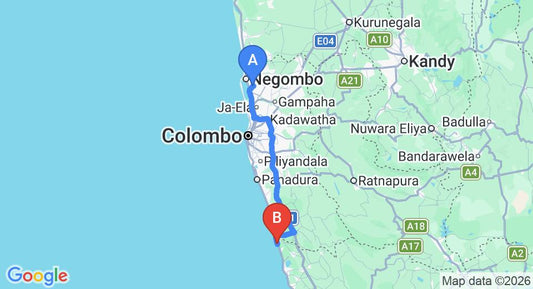Driving route map: Colombo Airport (CMB) to Dedduwa Boat House by Jetwing, Bentota (111 km, approx 1 h 46 min private transfer)