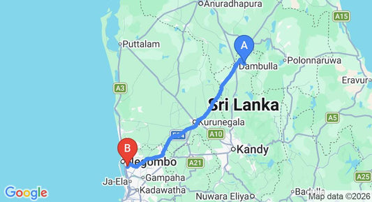 Driving route map: Kandalama to Colombo Airport (CMB) (141 km, approx 3 h 7 min private transfer)