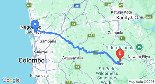 Driving route map: Colombo Airport (CMB) to Kotagala (121 km, approx 3 h 44 min private transfer)