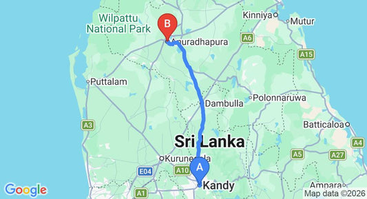 Driving route map: Kandy to Anuradhapura (136 km, approx 3 h 20 min private transfer)