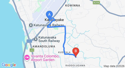 Driving route map: Colombo Airport (CMB) to Green Olive Villa, Negombo (6 km, approx 14 min private transfer)