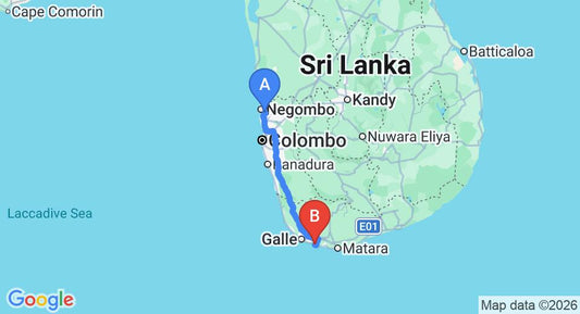 Driving route map: Colombo Airport (CMB) to South Beach Resort, Ahangama (166 km, approx 2 h 21 min private transfer)