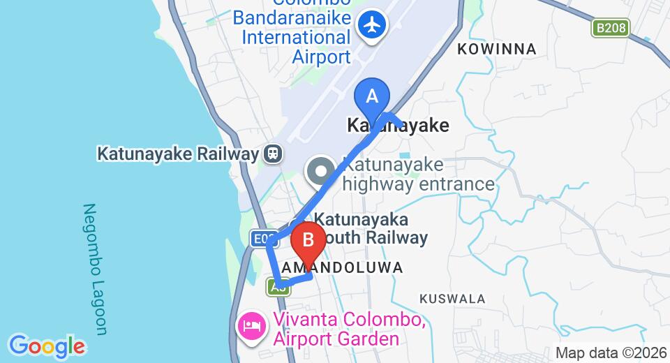 Driving route map: Colombo Airport (CMB) to Norfolk Airport Villa, Katunayake (4 km, approx 12 min private transfer)