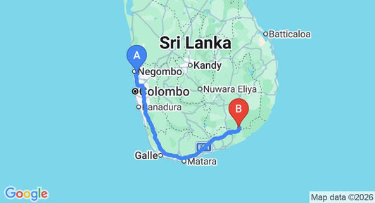 Driving route map: Colombo Airport (CMB) to Dilan Rest, Kataragama (285 km, approx 3 h 44 min private transfer)