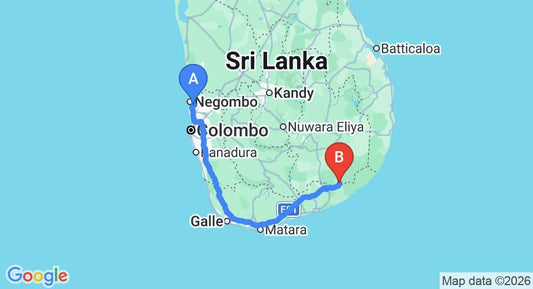 Driving route map: Colombo Airport (CMB) to Hotel Chamila, Kataragama (284 km, approx 3 h 45 min private transfer)