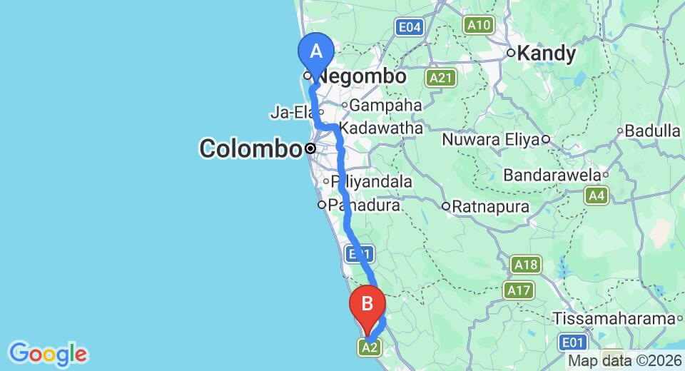 Driving route map: Colombo Airport (CMB) to Garden Villa Ronnaduwa, Hikkaduwa (131 km, approx 2 h 1 min private transfer)