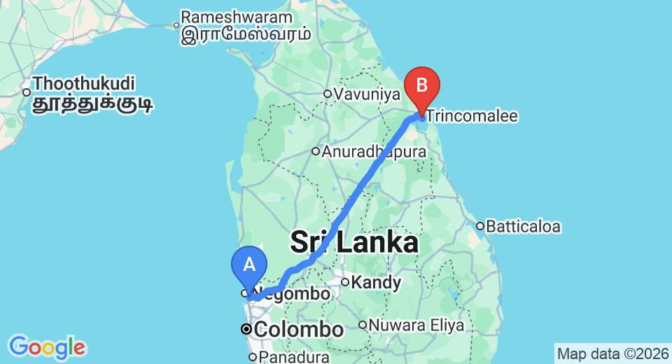 Driving route map: Colombo Airport (CMB) to Dyke Rest, Trincomalee (239 km, approx 4 h 52 min private transfer)