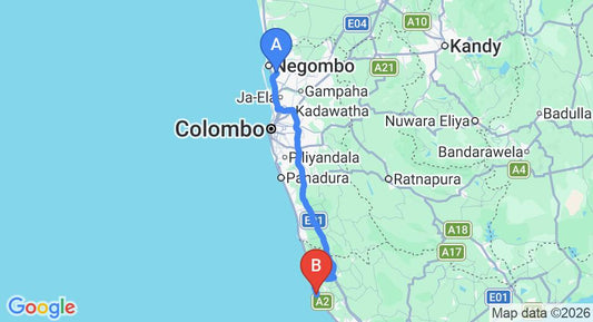 Driving route map: Colombo Airport (CMB) to SerendipItaly Ayurveda Boutique Hotel, Hikkaduwa (135 km, approx 2 h 7 min private transfer)