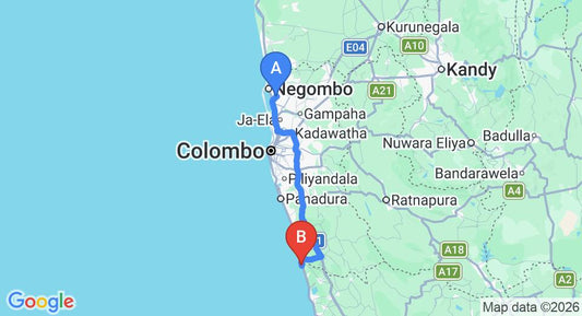 Driving route map: Colombo Airport (CMB) to Amal-Villa Robolgoda, Bentota (109 km, approx 1 h 42 min private transfer)