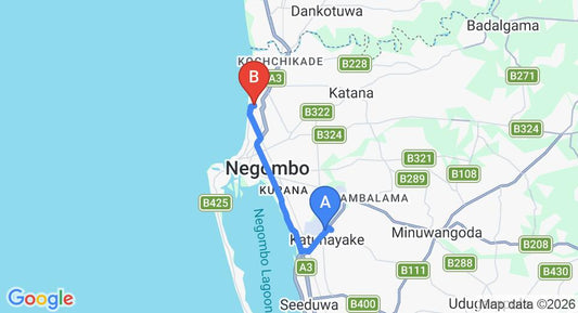 Driving route map: Colombo Airport (CMB) to Dickman Resort Negombo, Negombo (13 km, approx 33 min private transfer)