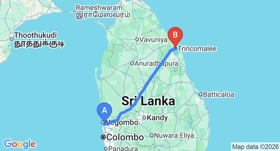 Driving route map: Colombo Airport (CMB) to Hit Camp, Trincomalee (235 km, approx 4 h 43 min private transfer)