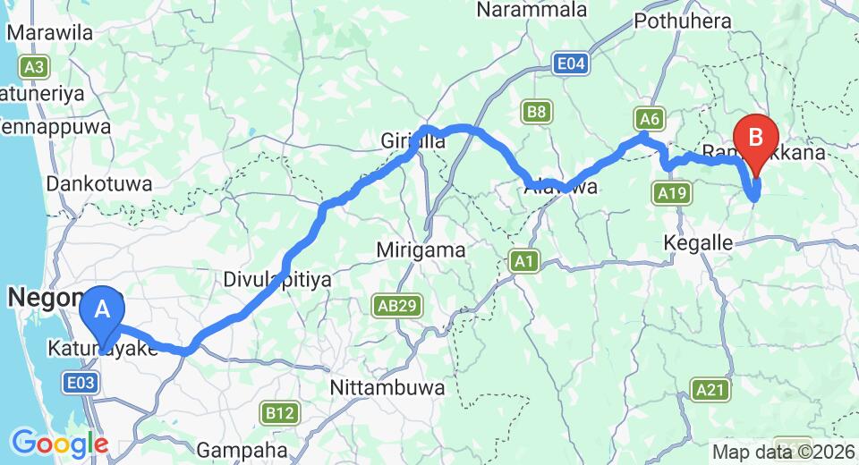 Driving route map: Colombo Airport (CMB) to Governors Lodge Pinnawala, Pinnawala (78 km, approx 2 h 6 min private transfer)