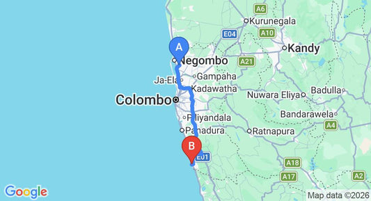 Driving route map: Colombo Airport (CMB) to Earl's Reef, Beruwala (101 km, approx 1 h 45 min private transfer)