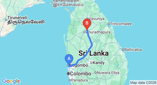 Driving route map: Colombo Airport (CMB) to Eco Hotel Black and White, Anuradhapura (190 km, approx 3 h 55 min private transfer)