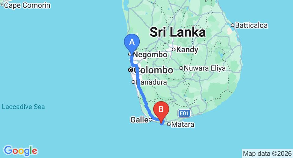 Driving route map: Colombo Airport (CMB) to Cape, Weligama (175 km, approx 2 h 31 min private transfer)